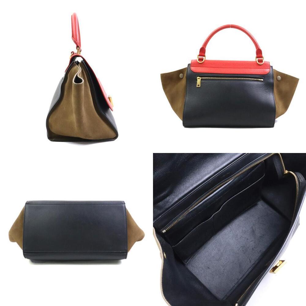 Celine Trapeze Shoulder Bag Leather Suede Red Black Khaki - Picture 2 of 4